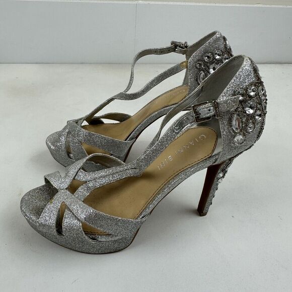 Gianni Bini Silver Glitter Beaded Rhinestone Platform Peep Toe Stiletto Heel 7.5 - Picture 3 of 10